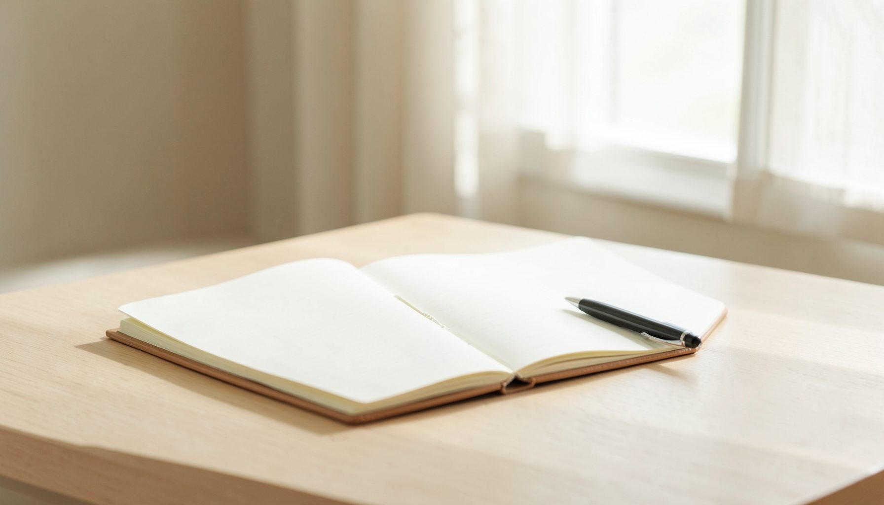 An open notebook and pen on a desk near a window, with soft daylight and neutral cream tones