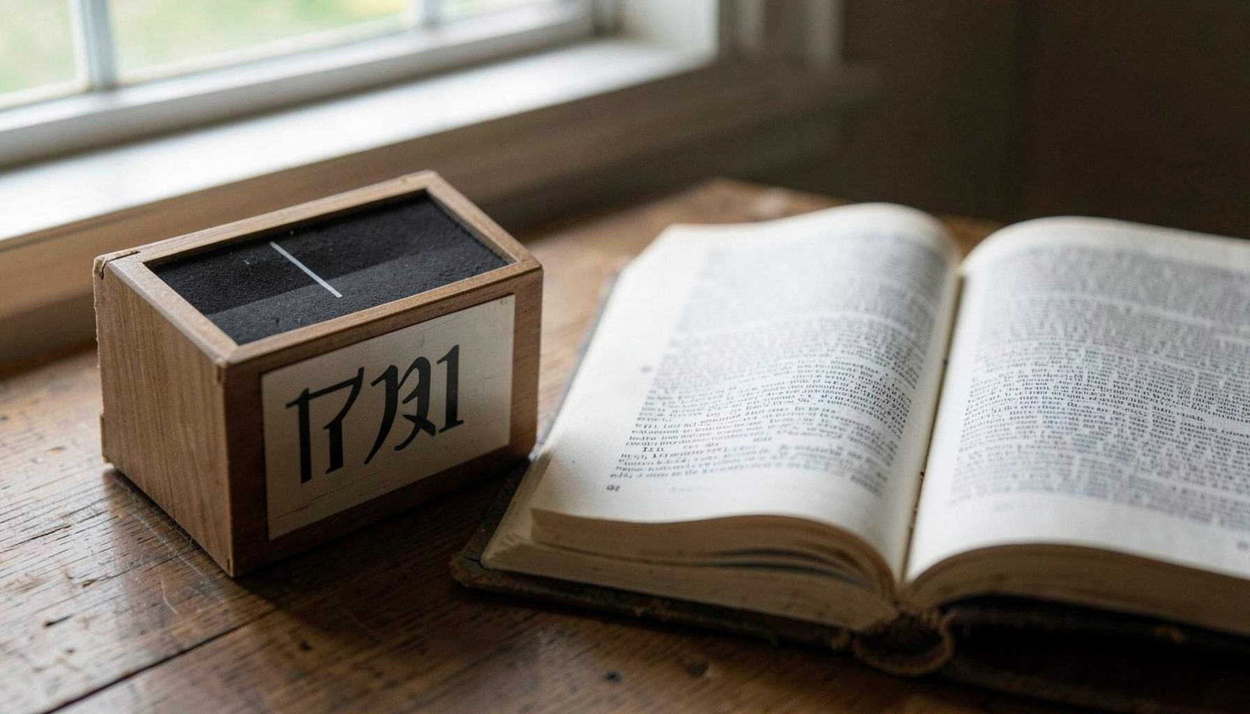 A ballot box beside an open Bible on a wooden surface, lit by natural window light in muted earth tones