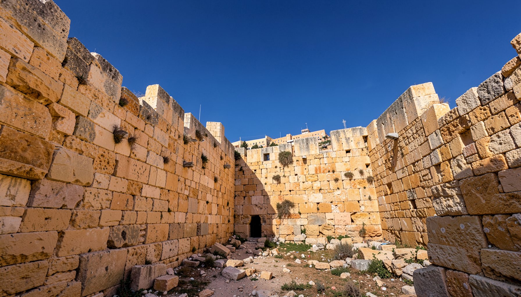 The ancient stone walls of Jerusalem under a clear sky, in warm limestone tones and deep blue