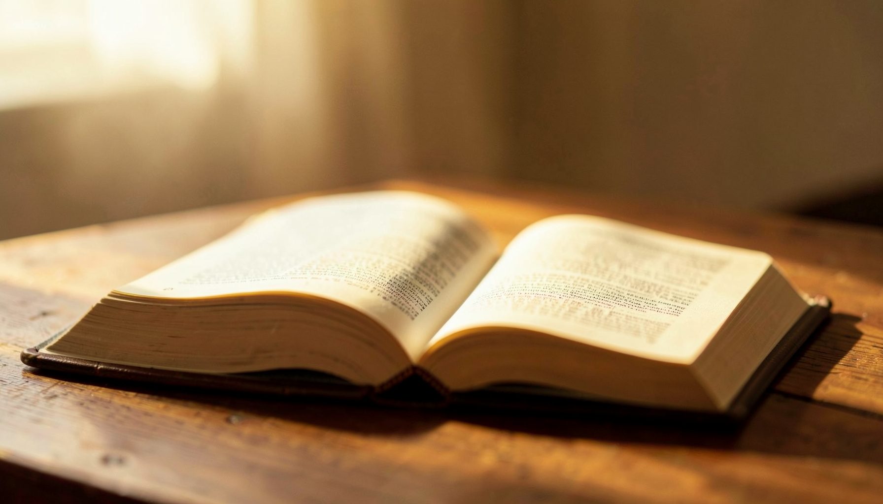 Soft morning light falling across an open Bible on a wooden table, warm amber and cream tones, quiet and reverent atmosphere