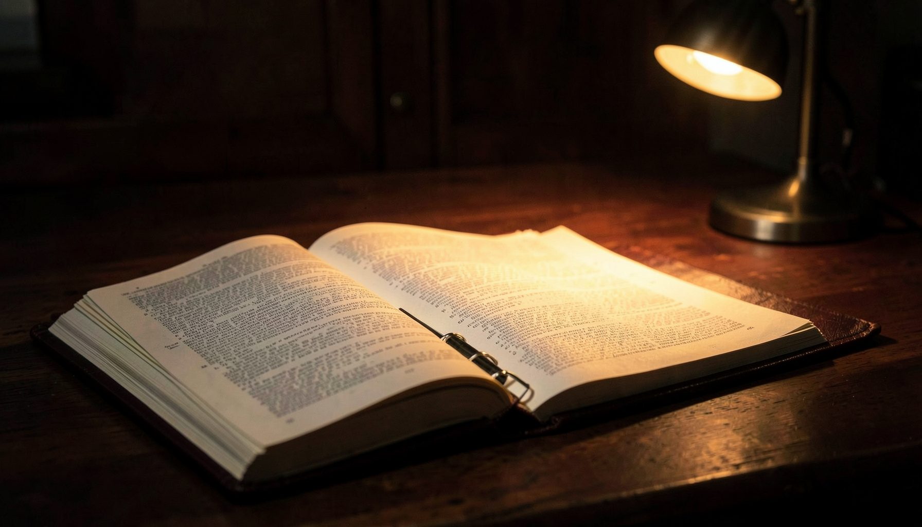 A warm-lit study desk with an open Bible and a notebook, soft golden lamp light against a dark wood surface, contemplative and focused mood