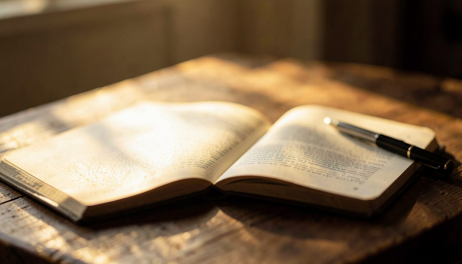 A softly lit wooden table with an open book, a pen resting beside it, and warm golden light spilling across the scene, evoking quiet study and reflection.