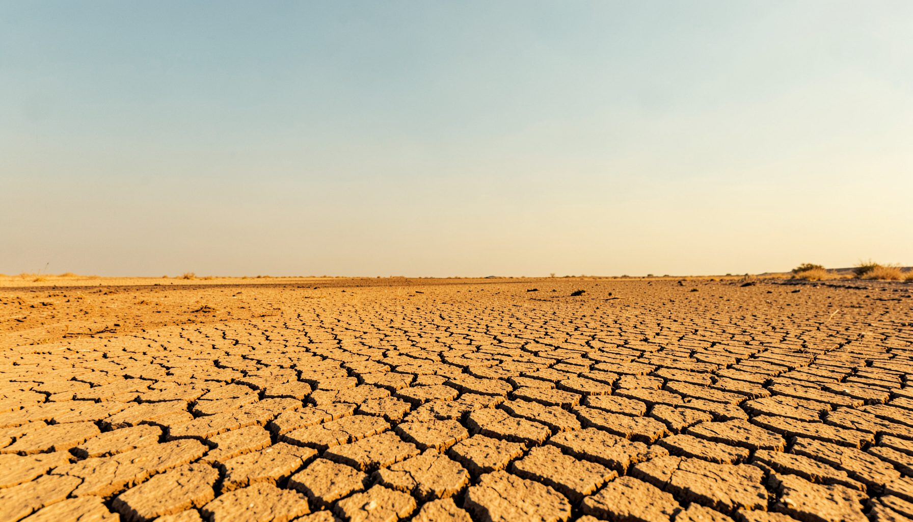 A dry, cracked earth landscape under a wide sky, in warm ochre and pale blue, suggesting a land in need of rain