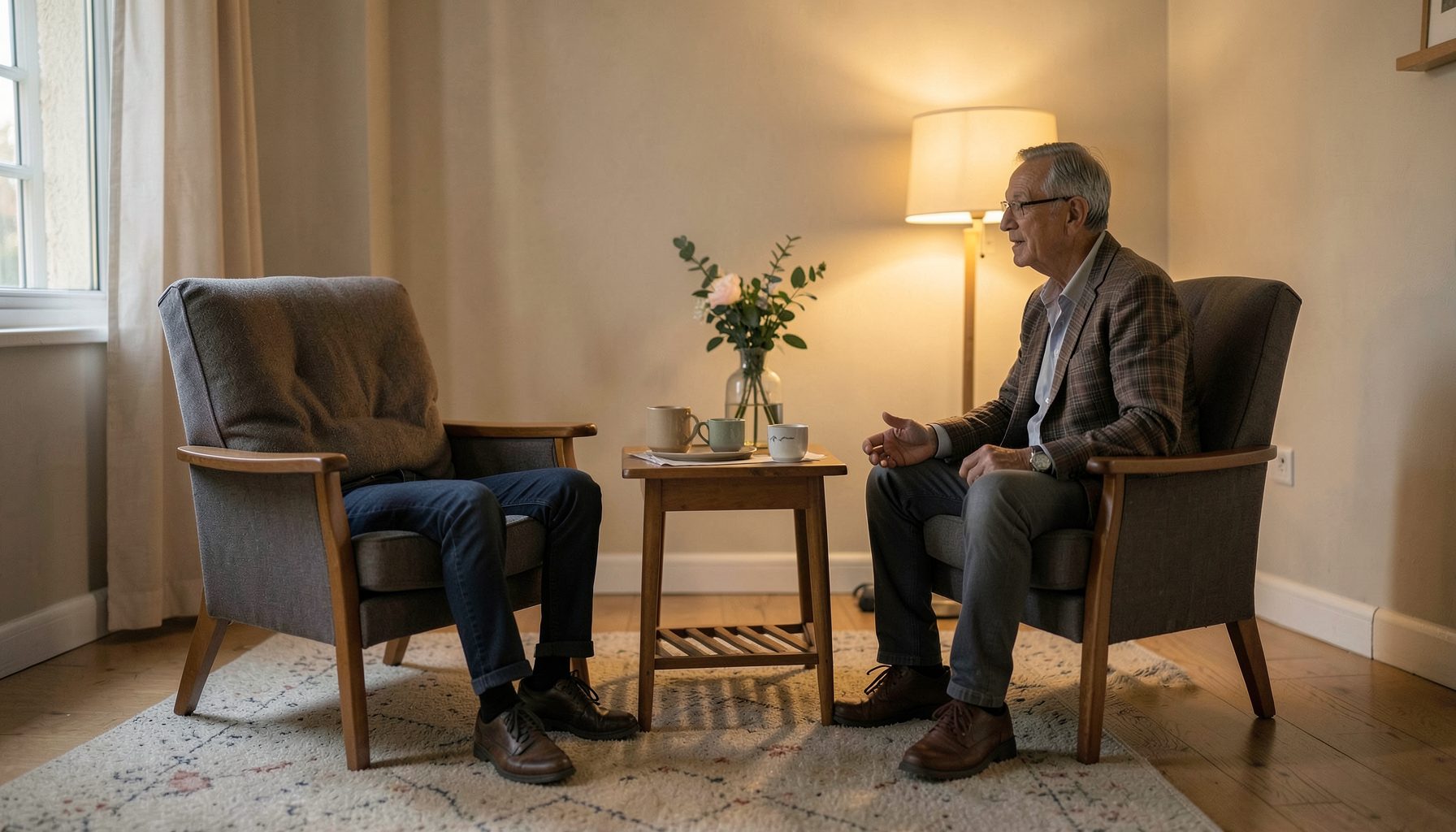 Two chairs facing each other in a modest room with warm ambient light, suggesting a personal conversation